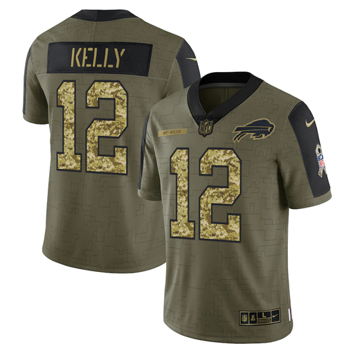 Men's Buffalo Bills #12 Jim Kelly 2021 Olive Camo Salute To Service Limited Stitched Jersey Men's Buffalo Bills #12 Jim Kelly 2021 Olive Camo Salute To Service Limited Stitched Jersey